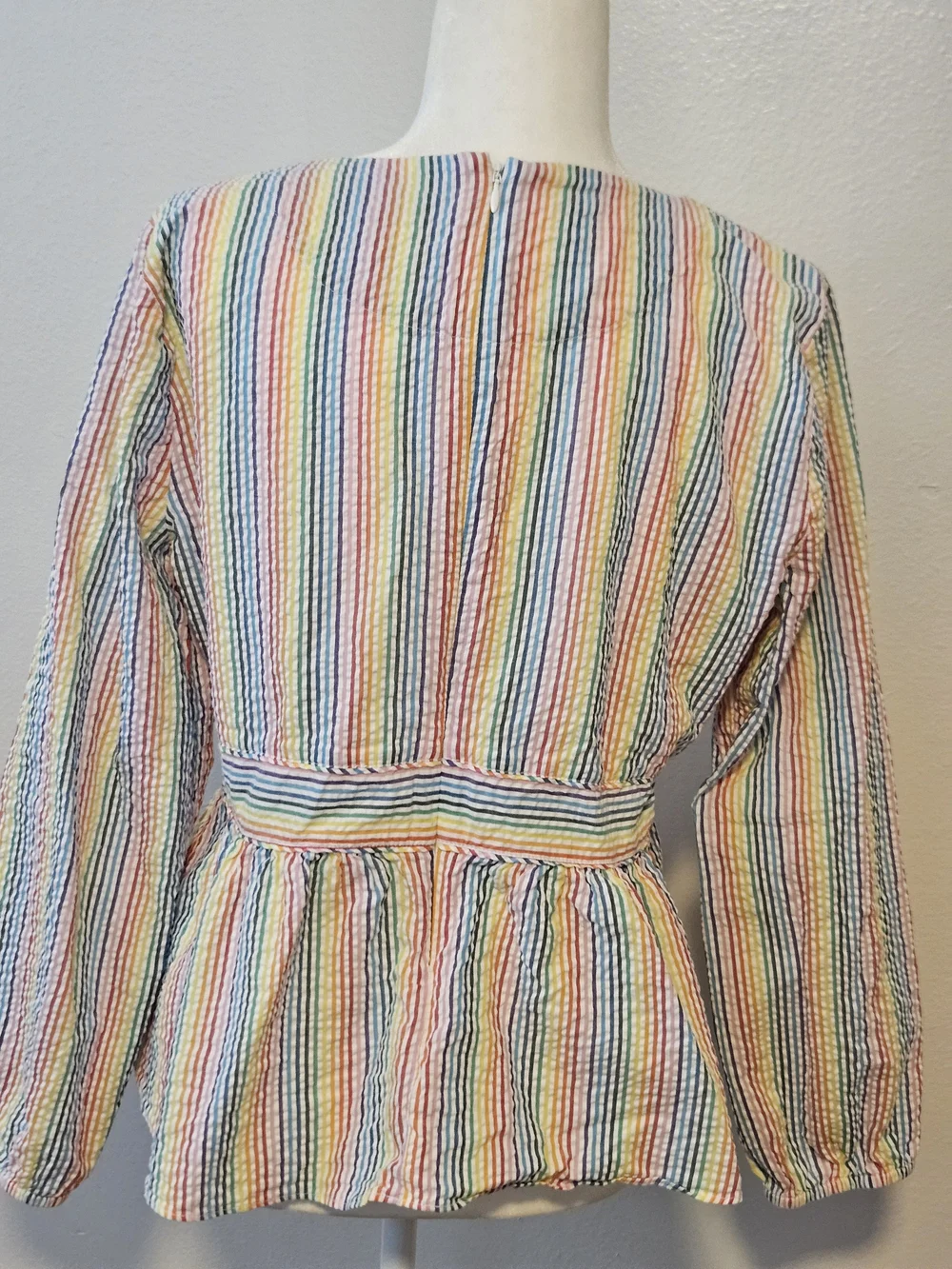 J. Crew V-neck peplum top in rainbow seersucker, size 12